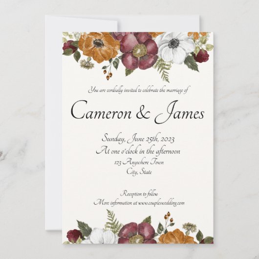 Rust & Ruby Romantic Floral Waterverf Wedding Kaart (Voorkant)