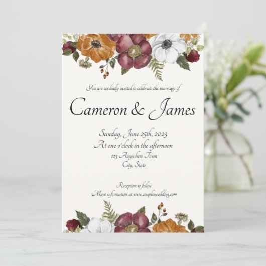Rust & Ruby Romantic Floral Waterverf Wedding Kaart (Staand voorkant)