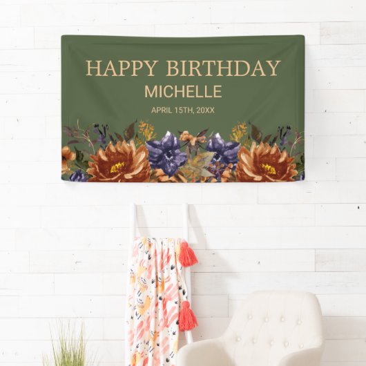 Rust Sinaasappel Blauw Bloemen Groene Verjaardag W Spandoek (Insitu)