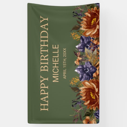 Rust Sinaasappel Blauw Bloemen Groene Verjaardag W Spandoek (Verticaal)