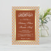 Rust Sinaasappel Moroccan Quatrefoil Islamic Weddi Kaart (Staand voorkant)