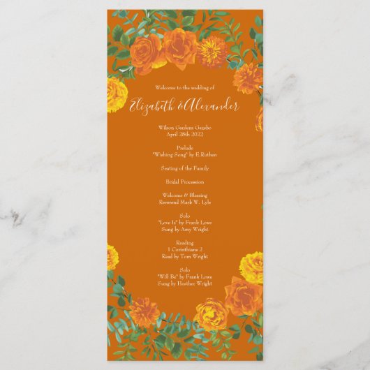 Rust Sinaasappel Wedding  Floral Menu (Voorkant)