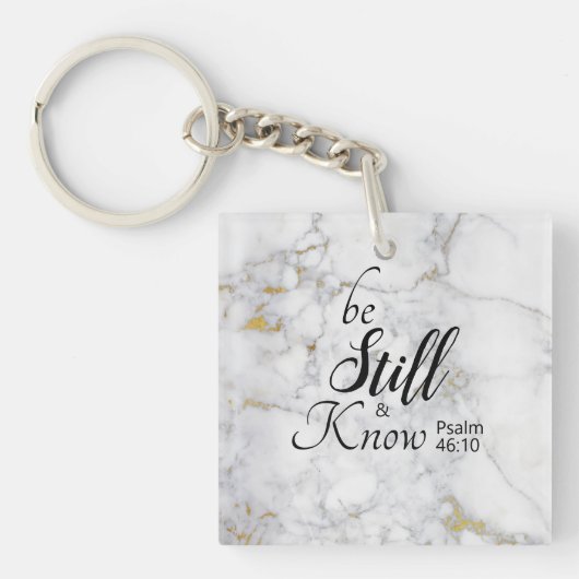 "Rust Stil en Weet" Bijbeltekst Wit Goud Marmer Sleutelhanger (Voorkant)