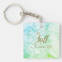 "Rust Stil en Weet" Bijbelvers Aqua Blauwe Marmer Sleutelhanger