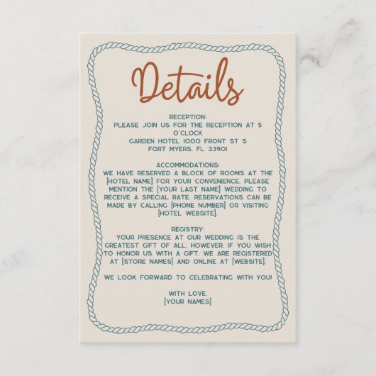 Rust Teal Western Rustic Barn Wedding Details Informatiekaartje (Voorkant)