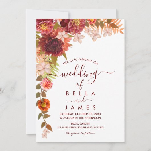 Rust Terracotta Boho Floral Wedding Invitation Kaart (Voorkant)