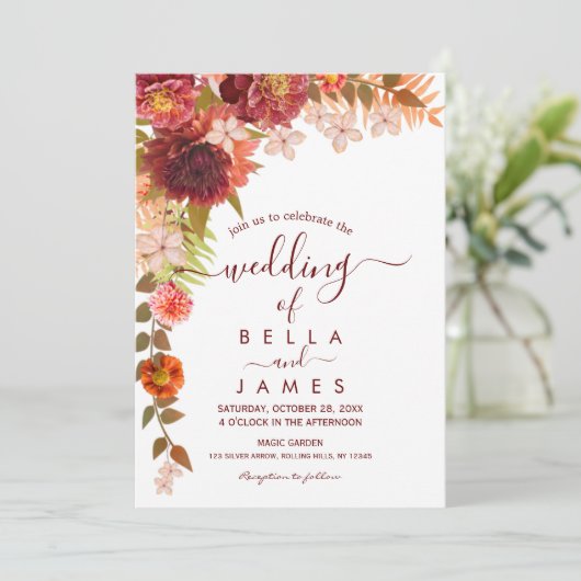 Rust Terracotta Boho Floral Wedding Invitation Kaart (Staand voorkant)