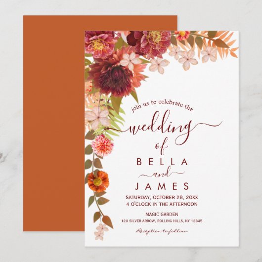Rust Terracotta Boho Floral Wedding Invitation Kaart (Voorkant / Achterkant)