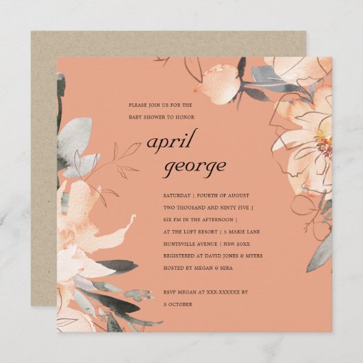 RUST TERRACOTTA BROWN FLORAL BABY SHOWER INVITE BEDANKKAART (Voorkant / Achterkant)