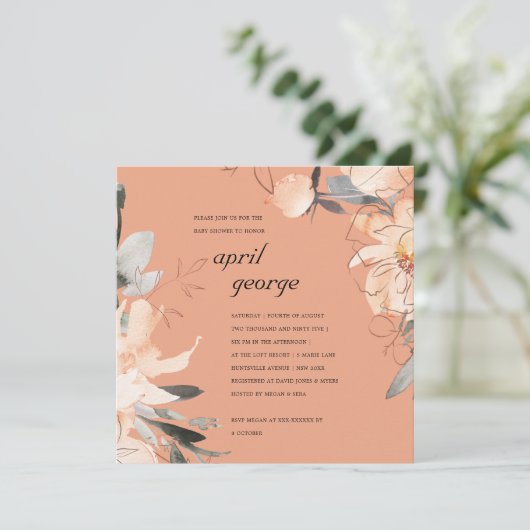 RUST TERRACOTTA BROWN FLORAL BABY SHOWER INVITE BEDANKKAART (Staand voorkant)