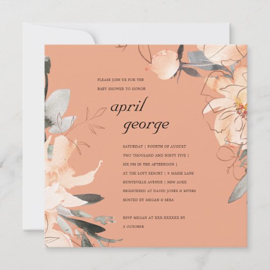 RUST TERRACOTTA BROWN FLORAL BABY SHOWER INVITE BEDANKKAART (Voorkant)