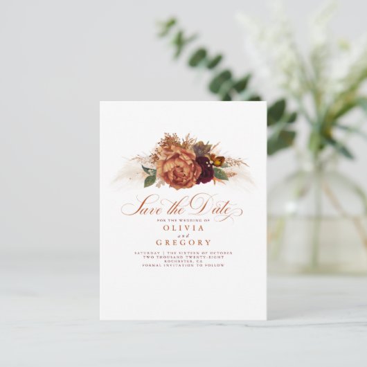 Rust Terracotta Floral Boho Herfst sla de datum op Aankondigingskaart (Staand voorkant)