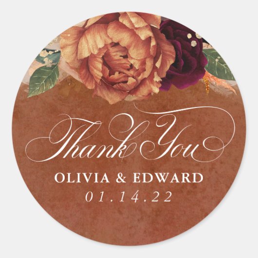 Rust Terracotta Floral Pampas Grass Dank u Ronde Sticker (Voorkant)