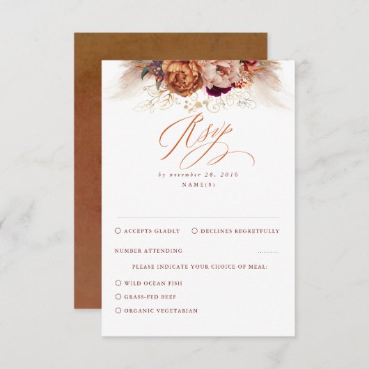 Rust Terracotta Floral Pampas Grass Wedding RSVP (Voorkant / Achterkant)