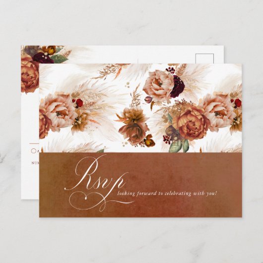 Rust Terracotta Floral Pampas Grass Wedding RSVP Briefkaart (Voorkant / Achterkant)