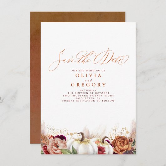 Rust Terracotta Floral Pumpkins Herfst Save the Da Aankondiging (Voorkant / Achterkant)