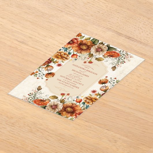 Rust Terracotta Flowers Burnt Oranje Fall Wedding Acryl Uitnodigingen (Laagn)