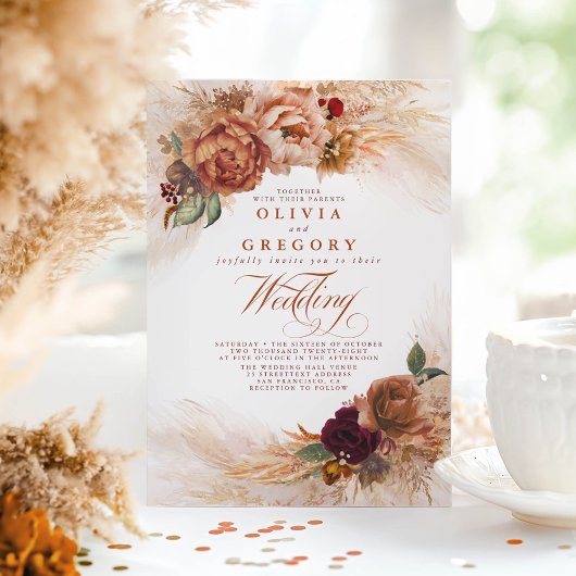 Rust Terracotta Flowers Burnt Oranje Fall Wedding Kaart