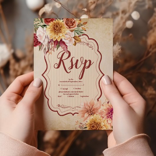 Rust Terracotta Flowers Burnt Oranje Fall Wedding RSVP Kaartje