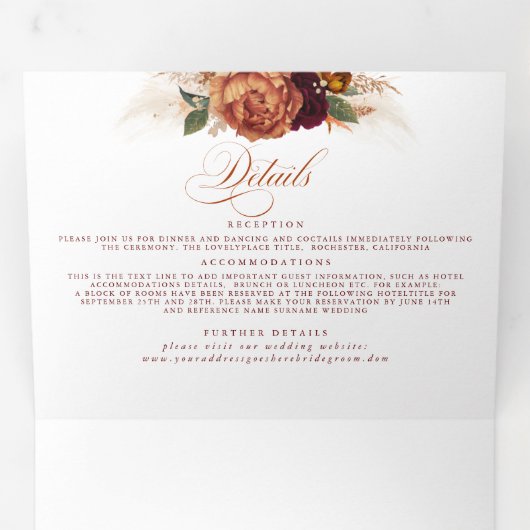 Rust Terracotta Flowers en Pampas Grass Wedding Drieluik Uitnodiging (Binnenzijde eerst)