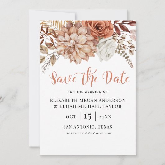 Rust Terracotta Herfst Boho Floral Save the Date Kaart (Voorkant)