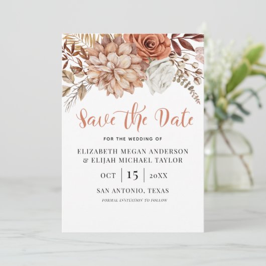 Rust Terracotta Herfst Boho Floral Save the Date Kaart (Staand voorkant)