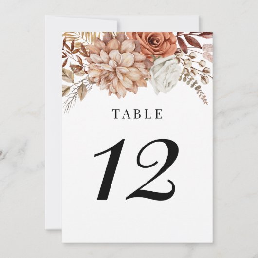 Rust Terracotta Herfst Boho Floral Table Number Kaart (Achterkant)