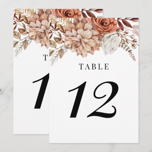 Rust Terracotta Herfst Boho Floral Table Number Kaart (Voorkant / Achterkant)