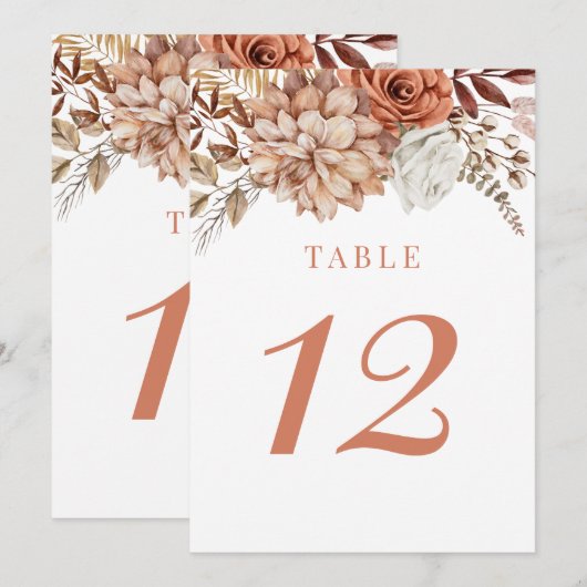 Rust Terracotta Herfst Floral Wedding Table Number Kaart (Voorkant / Achterkant)