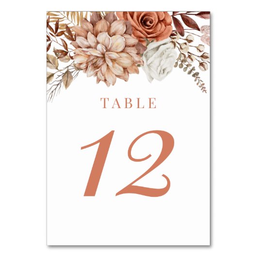Rust Terracotta Herfst Floral Wedding Table Number Kaart (Achterkant)