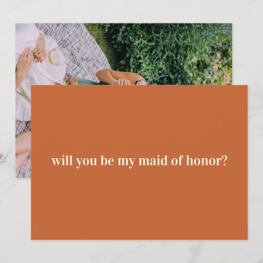 Rust Terracotta Maid of Honor Voorstel Foto Notitiekaartje (Voorkant / Achterkant)