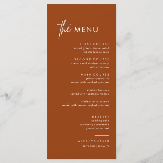 Rust Terracotta Wedding Dinner Menu (Voorkant)