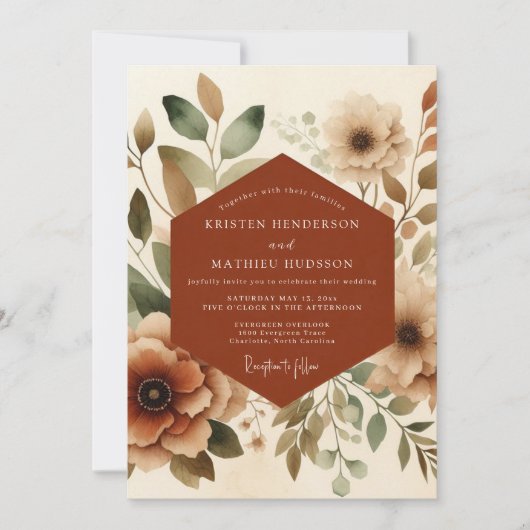 Rust Watercolor Bloom Wedding Kaart (Voorkant)
