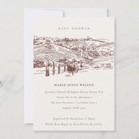 Rust Winery Mountain Sketch Baby shower Invite Bedankkaart (Voorkant)
