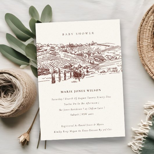 Rust Winery Mountain Sketch Baby shower Invite Bedankkaart