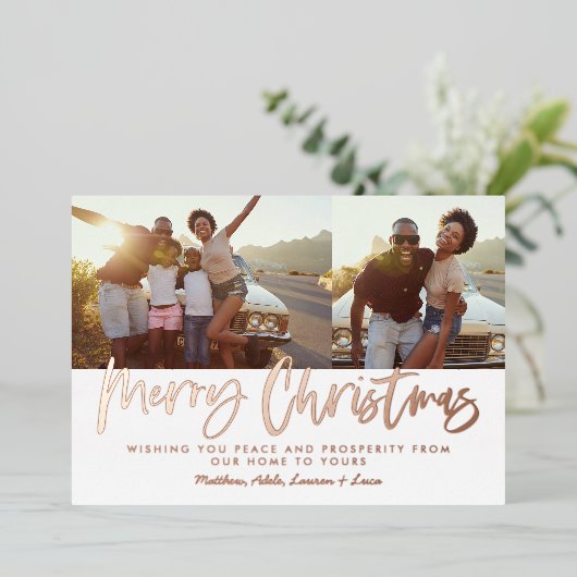 Rust wit script Kerstmis 2 foto Holiday Folie Feestdagenkaart (Staand Voorkant)