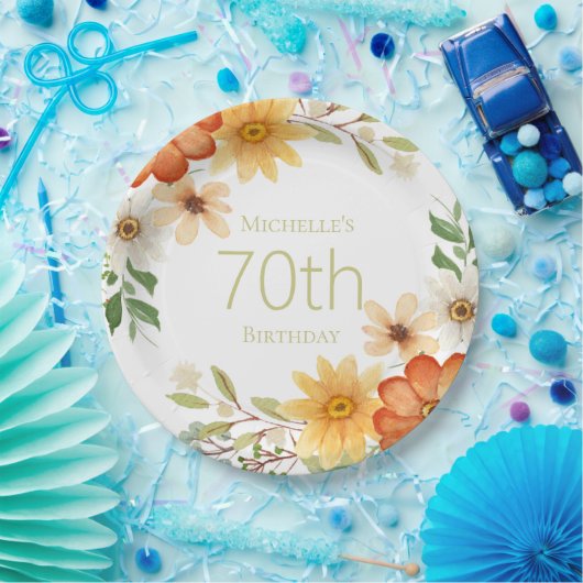  Rust Yellow White Flowers 70th Birthday Papieren Bordje (Feest)