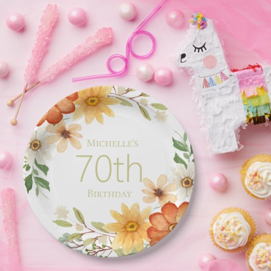  Rust Yellow White Flowers 70th Birthday Papieren Bordje (Feest)