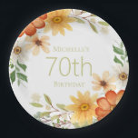 Rust Yellow White Flowers 70th Birthday Papieren Bordje<br><div class="desc">en vrouwelijke borden van het 70e verjaardagsfeestje,  ontworpen met prachtige roest,  gele en witte bloemen met bladeren en groen,  aangepast aan jouw naam en leeftijd. De tekst is volledig klantgericht,  zodat kunnen deze papieren borden voor om het even welke leeftijd worden ontworpen.</div>