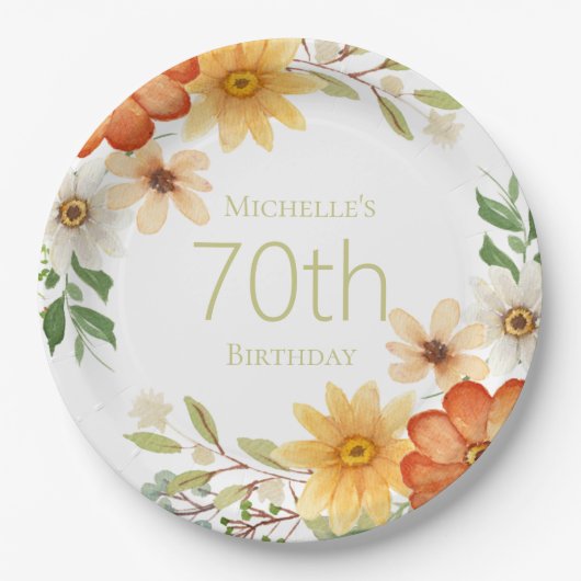  Rust Yellow White Flowers 70th Birthday Papieren Bordje (Voorkant)