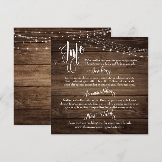 Rustbruin hout met lichten, huwelijksinformatiesch kaart (Voorkant / Achterkant)