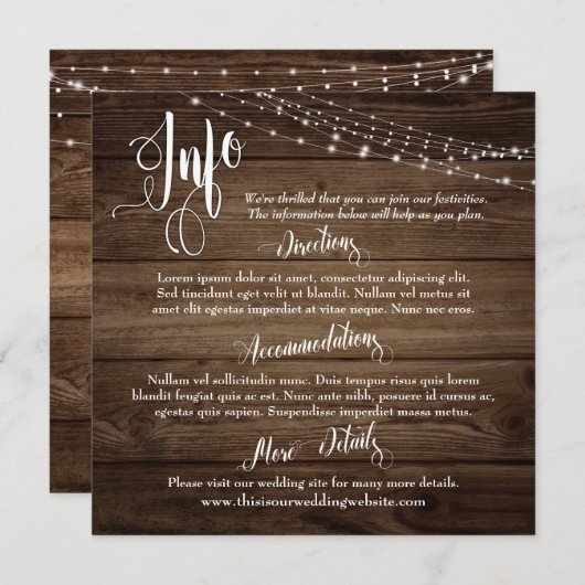 Rustbruin hout met lichten, Trouwinformatie-script Kaart (Voorkant / Achterkant)