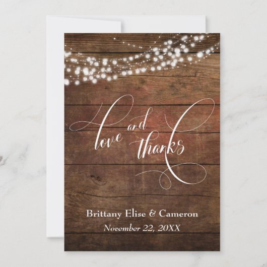 Rustbruin hout met witte lichtslingers bedankkaart (Voorkant)