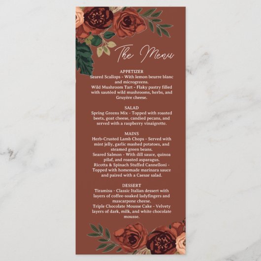 Rustbruin Romantisch Bloemend Menu , Trouwmenu (Voorkant)