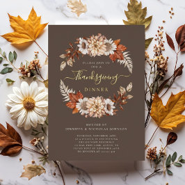 Rustbruine herfst bloemrijke Thanksgiving diner go Folie Uitnodiging