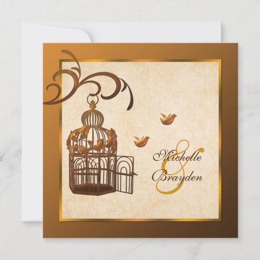 Rusted Iron Birdcage en Lovevogels Wedding Invite Kaart (Voorkant)