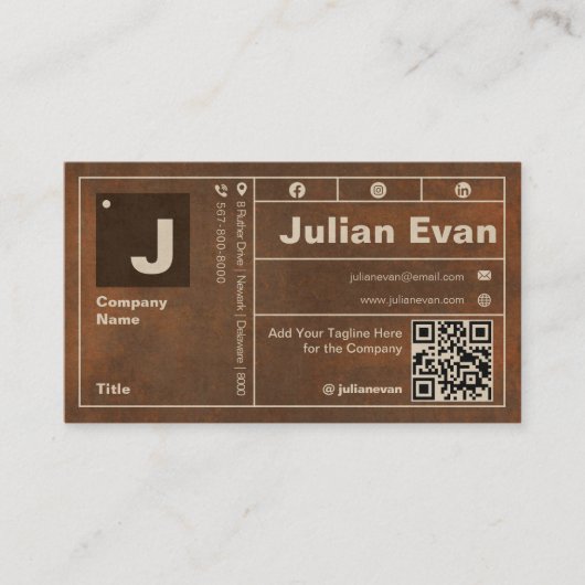 Rusted Iron Bold Typografie Monogram QR-code Visitekaartje (Voorkant)