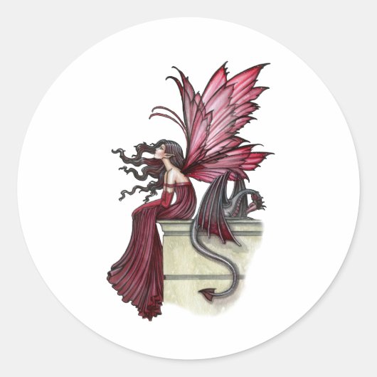 Rusteloze Robijn Gothische Rode Fee en Draak Ronde Sticker (Voorkant)