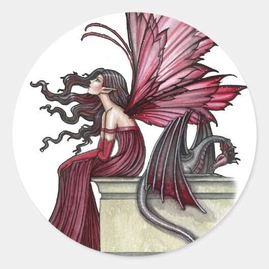 Rusteloze Robijn Gothische Rode Fee en Draak Ronde Sticker (Voorkant)