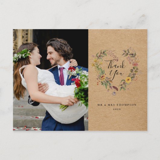 Rusten Bloemen Hart Trouwfoto Bedankt Script Briefkaart (Voorkant)